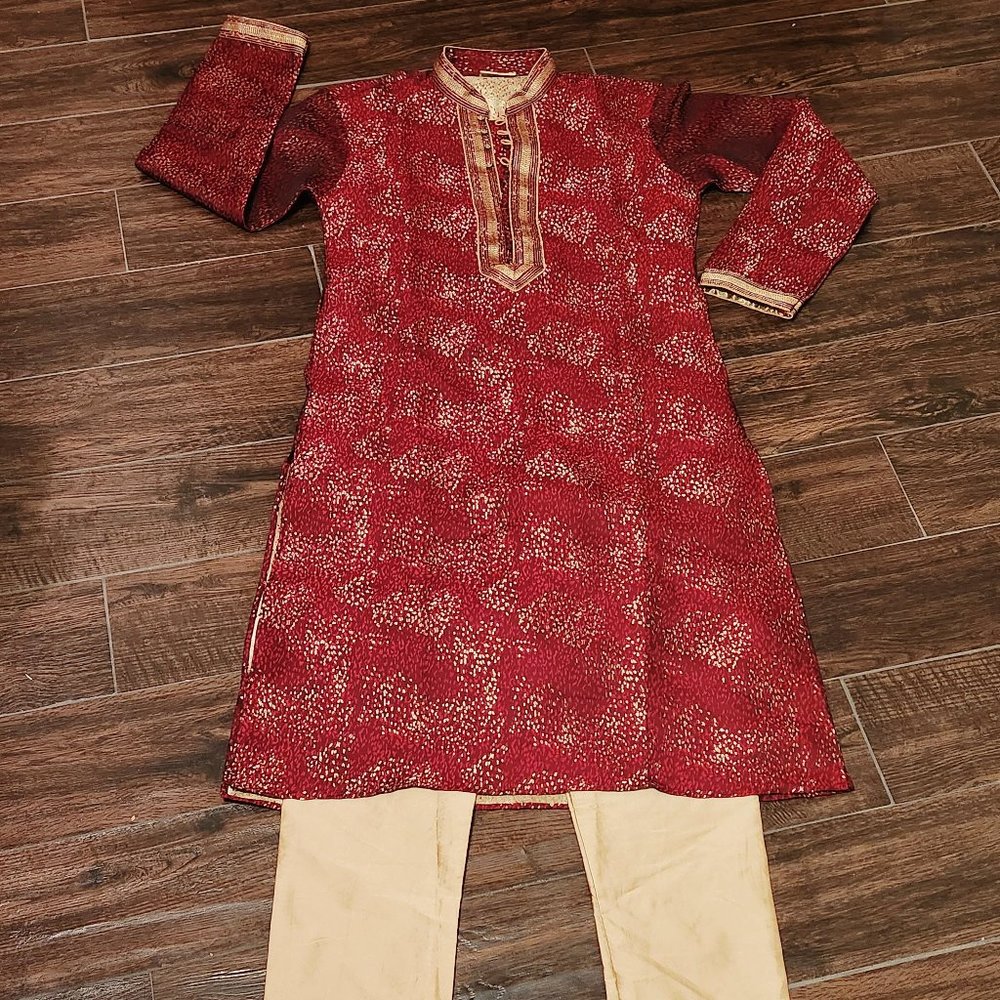 Men's Red Embroidered Sherwani Kurta with Cream Pajama